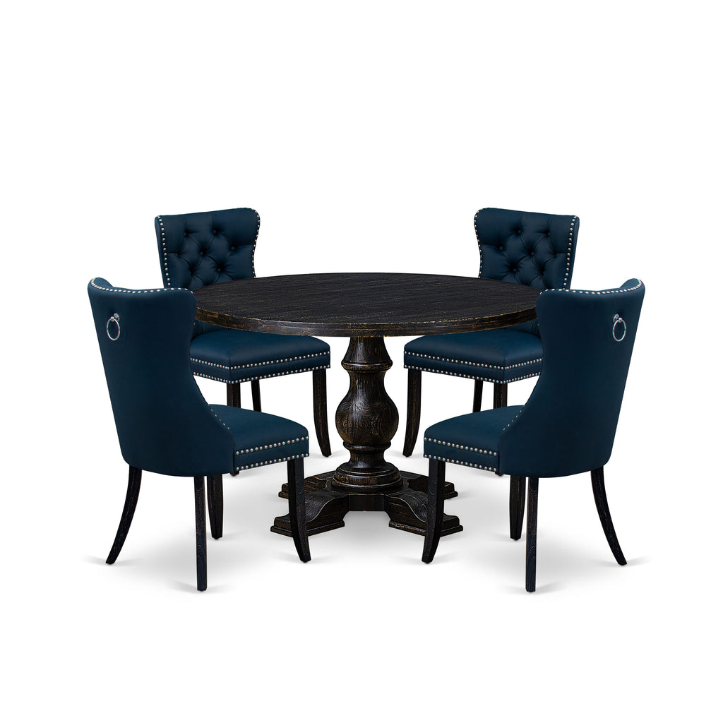 Luxe by East West Furniture I5DA5-411-29 5 Piece Dining Table Set Consists of a 48" Round Table with Pedestal and 4 Navy Blue Faux Leather Parson Chairs, Sand Blasted Black