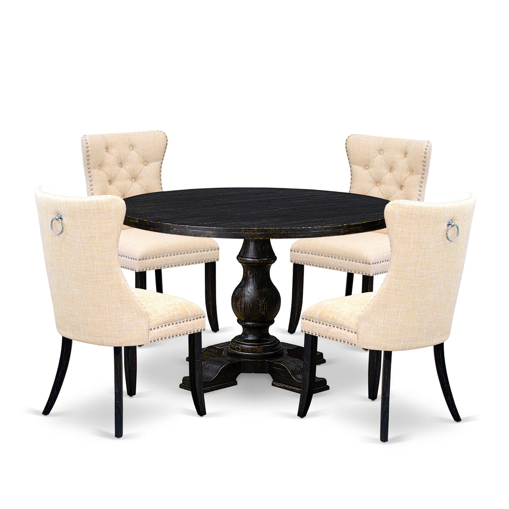 Luxe by East West Furniture I5DA5-411-32 5-pc dinner table set contains a wood table and 4 Light Beige Linen Fabric kitchen chairs with Button Tufted Back - Sand Blasted Black