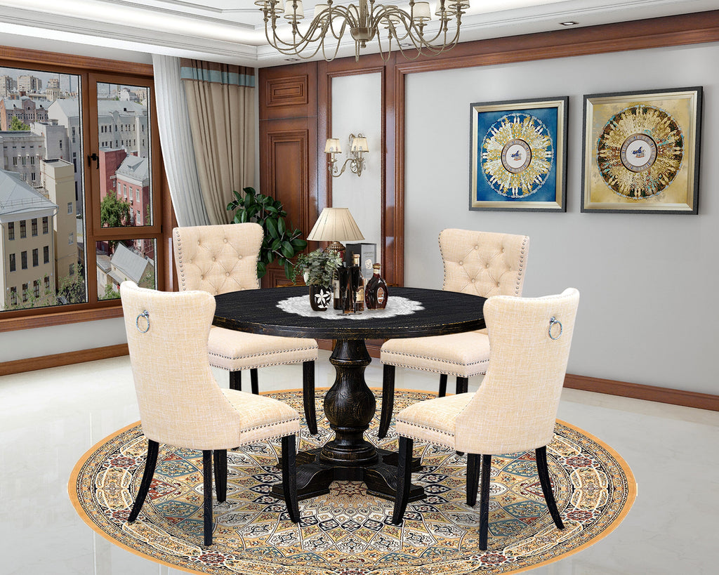 Luxe by East West Furniture I5DA5-411-32 5-pc dinner table set contains a wood table and 4 Light Beige Linen Fabric kitchen chairs with Button Tufted Back - Sand Blasted Black
