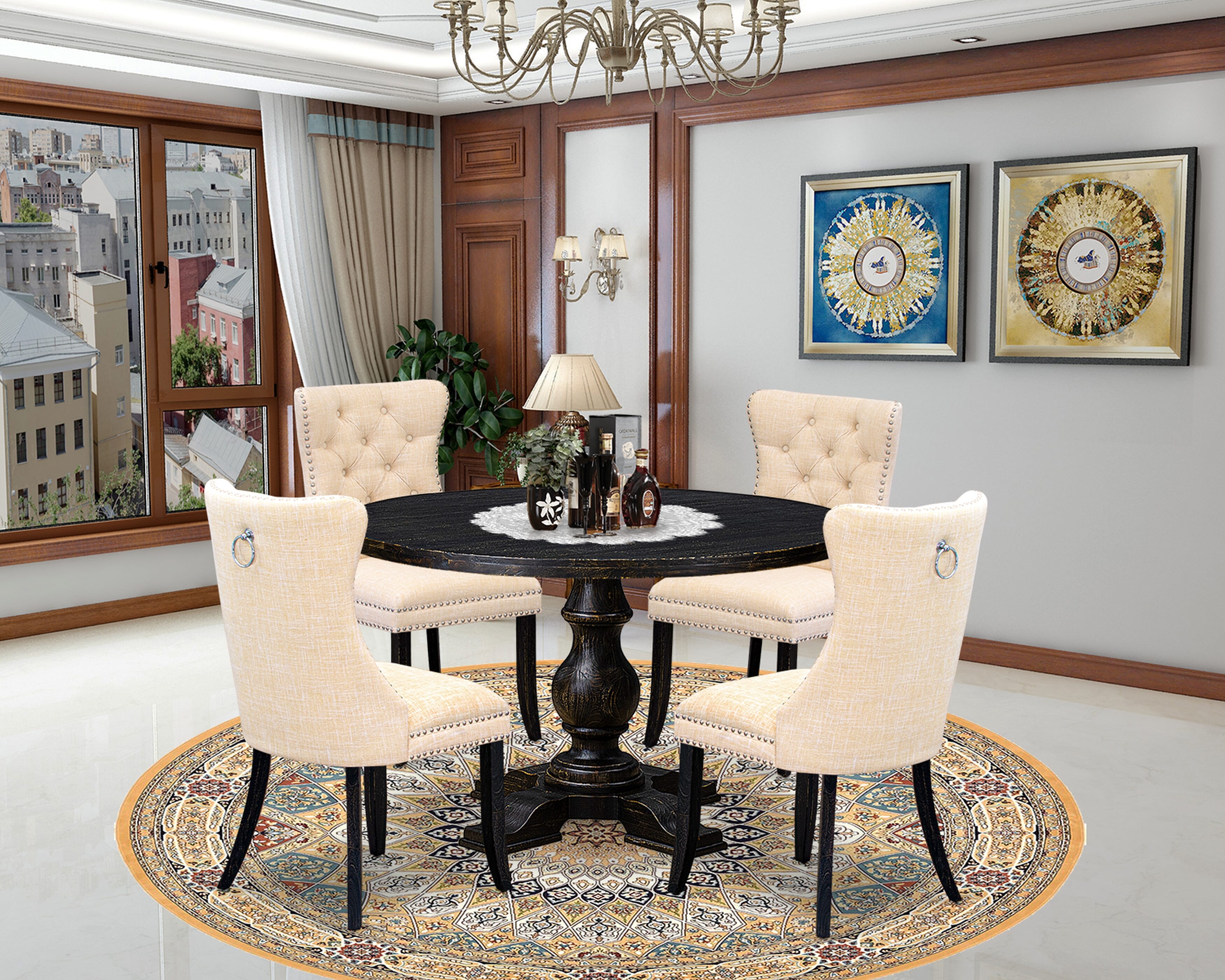Luxe by East West Furniture I5DA5-411-32 5-pc dinner table set contains a wood table and 4 Light Beige Linen Fabric kitchen chairs with Button Tufted Back - Sand Blasted Black