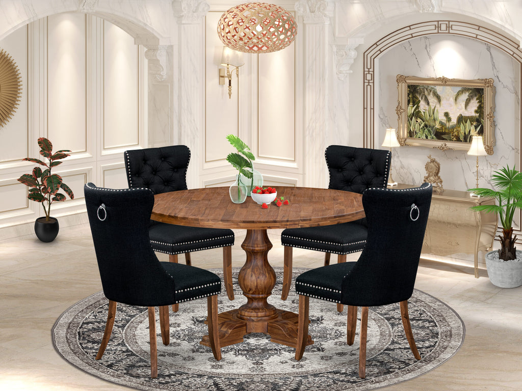 Luxe by East West Furniture I5DA5-50N-24 5-Piece Dining Set with Linen Fabric 4 Black Padded Dining chairs, Button-Tufted Backs, and a 54"Round Table in Antique Walnut Finish.