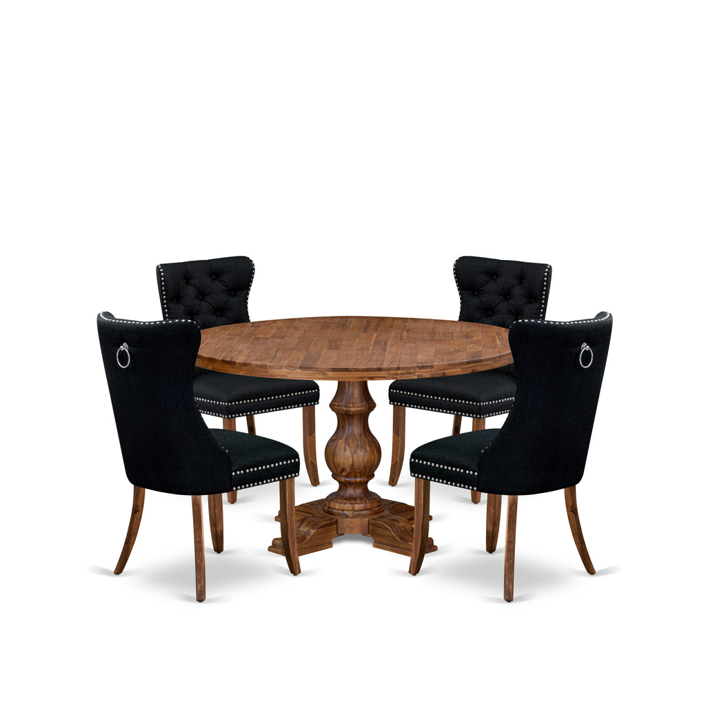 Luxe by East West Furniture I5DA5-50N-24 5-Piece Dining Set with Linen Fabric 4 Black Padded Dining chairs, Button-Tufted Backs, and a 54"Round Table in Antique Walnut Finish.