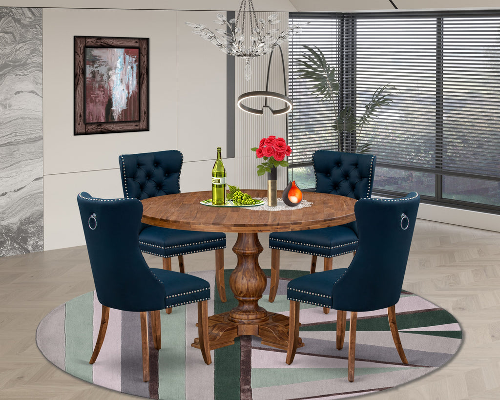 Luxe by East West Furniture I5DA5-50N-29 5-Piece Dining Table Set with Faux Leather 4 Navy Blue Padded chairs, Button-Tufted Backs, and a 54"Round Table in Antique Walnut Finish.