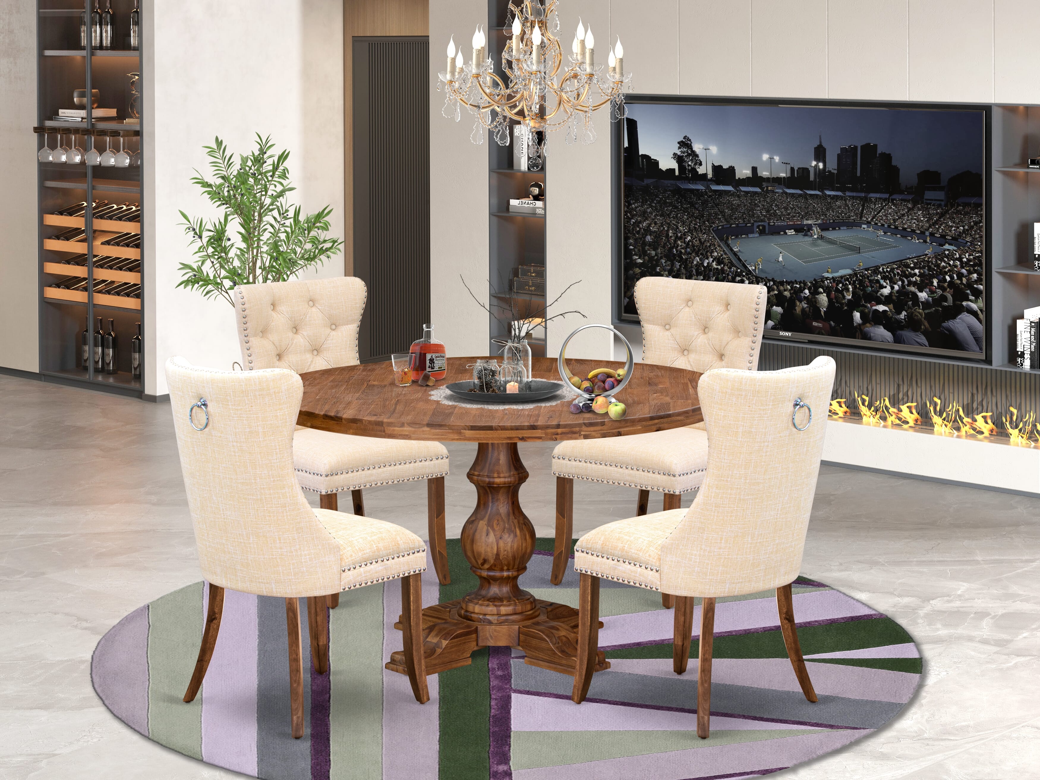 Luxe by East West Furniture I5DA5-50N-32 5-Piece Modern Dining Table Set with Linen Fabric 4 Light Beige kitchen chairs, Button-Tufted Backs, and a 54"Round Table in Antique Walnut Finish.