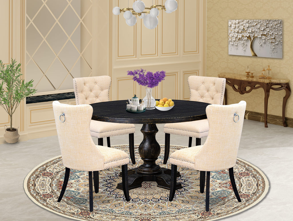 Luxe by East West Furniture I5DA5-511-32 5-pc Modern Dining Set contains a wood table and 4 Light Beige Linen Fabric parson chairs with Button Tufted Back - Sand Blasted Black