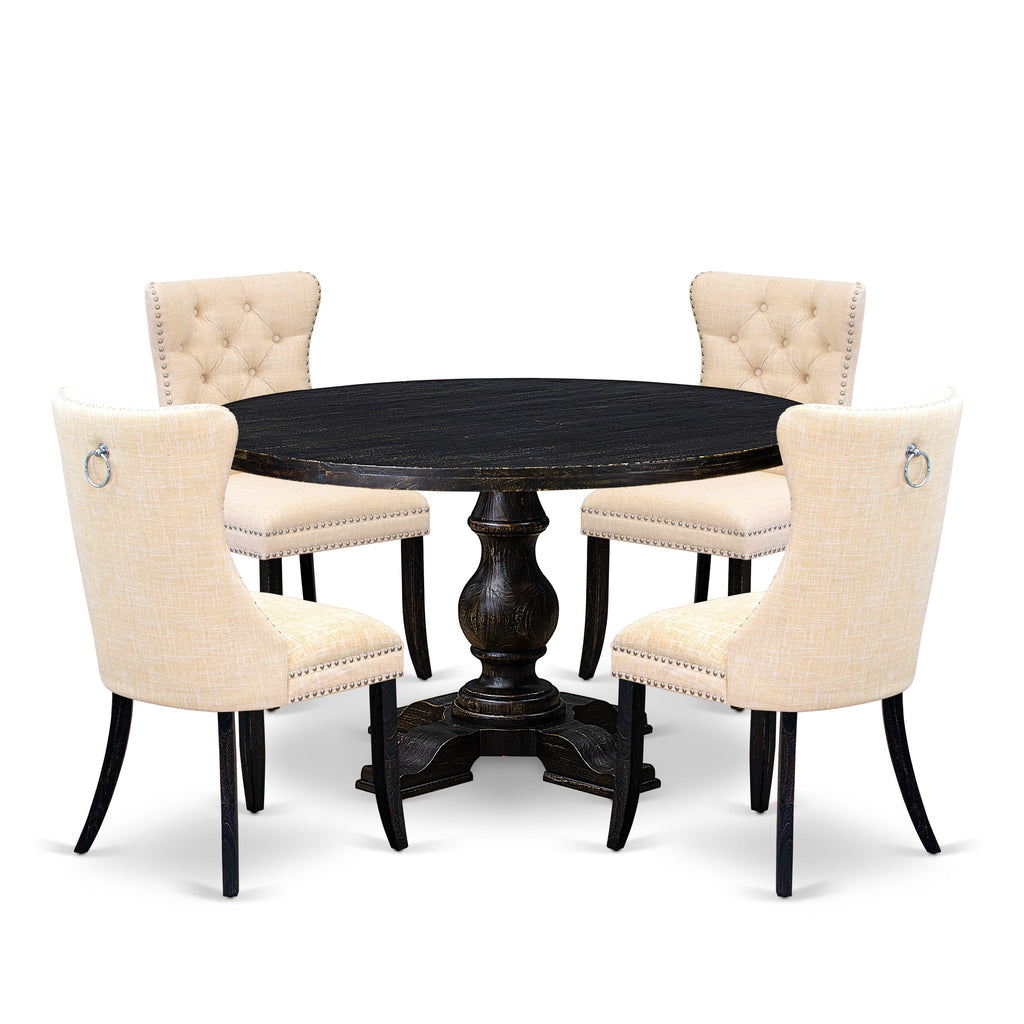 Luxe by East West Furniture I5DA5-511-32 5-pc Modern Dining Set contains a wood table and 4 Light Beige Linen Fabric parson chairs with Button Tufted Back - Sand Blasted Black