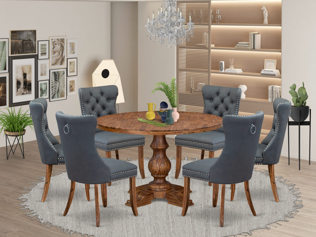 Luxe by East West Furniture I5DA7-40N-13 7-piece Modern Dining table set consists of a Kitchen Table and 6 Platinum Gray Faux Leather Dining Chairs with Button Tufted Back - Antique Walnut Finish