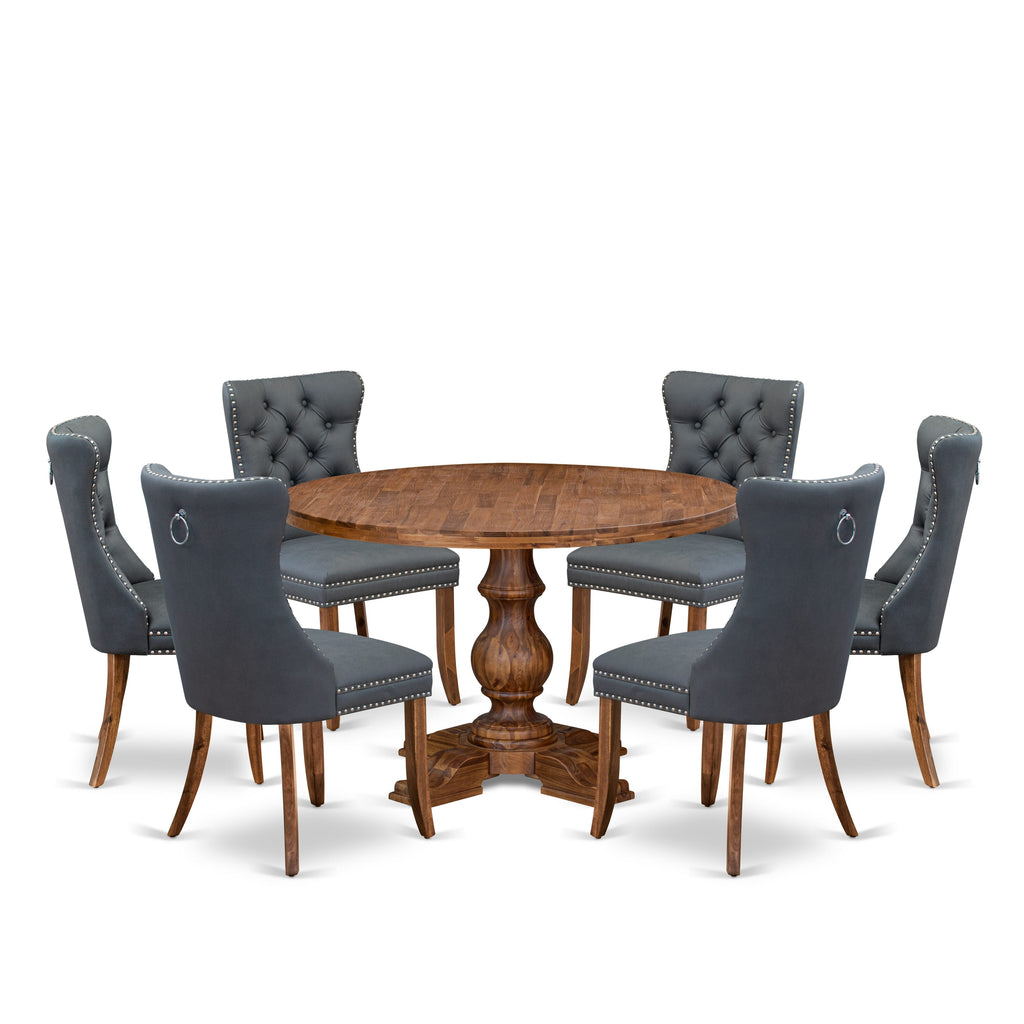 Luxe by East West Furniture I5DA7-40N-13 7-piece Modern Dining table set consists of a Kitchen Table and 6 Platinum Gray Faux Leather Dining Chairs with Button Tufted Back - Antique Walnut Finish