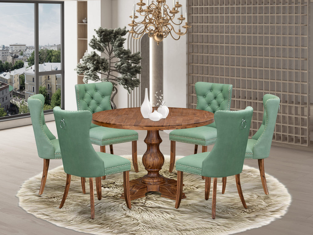 Luxe by East West Furniture I5DA7-40N-22 7-Pc Dining Set Include a Modern Dining Table and 6 Willow Green Faux Leather Chairs with Button-Tufted Back, Antique Walnut