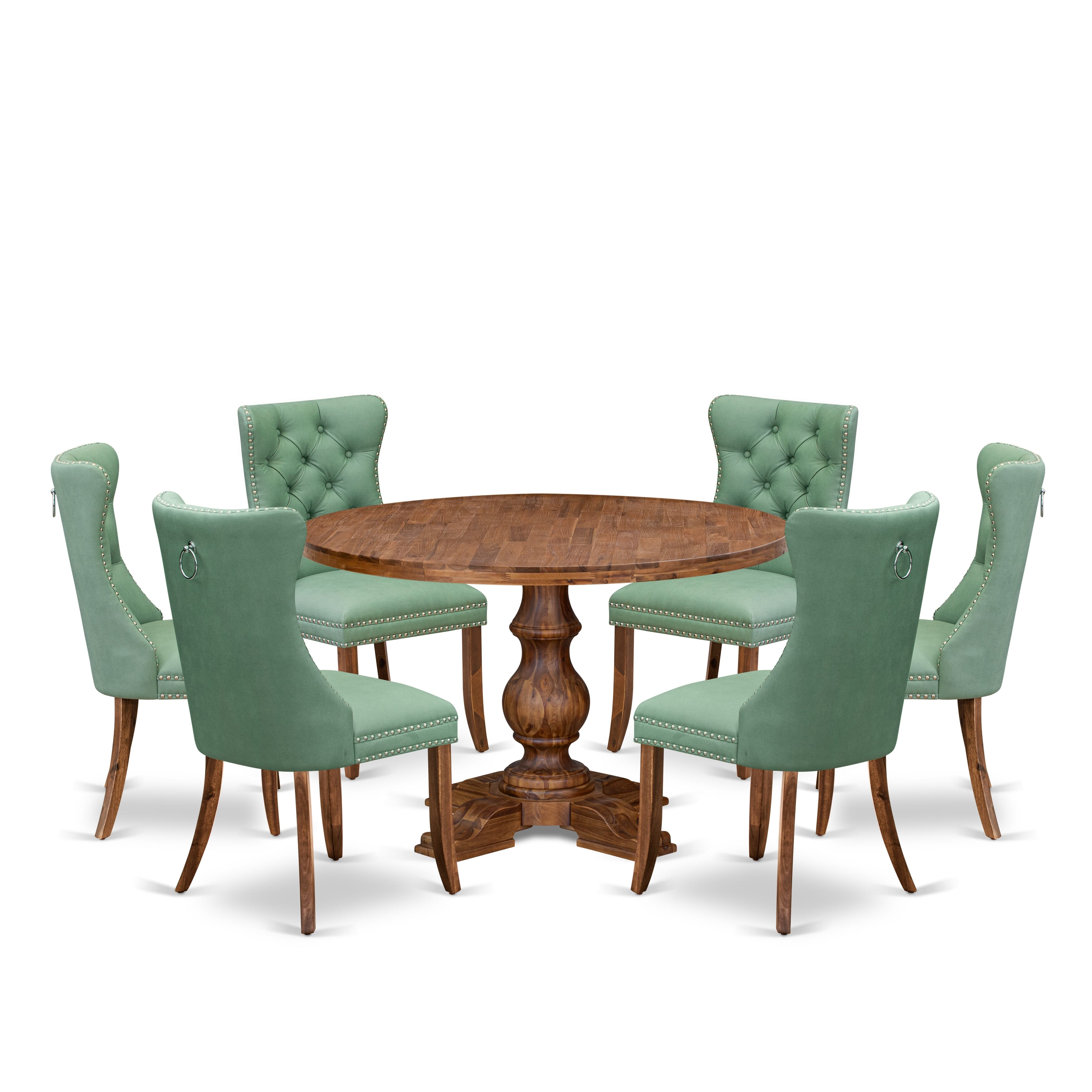 Luxe by East West Furniture I5DA7-40N-22 7-Pc Dining Set Include a Modern Dining Table and 6 Willow Green Faux Leather Chairs with Button-Tufted Back, Antique Walnut