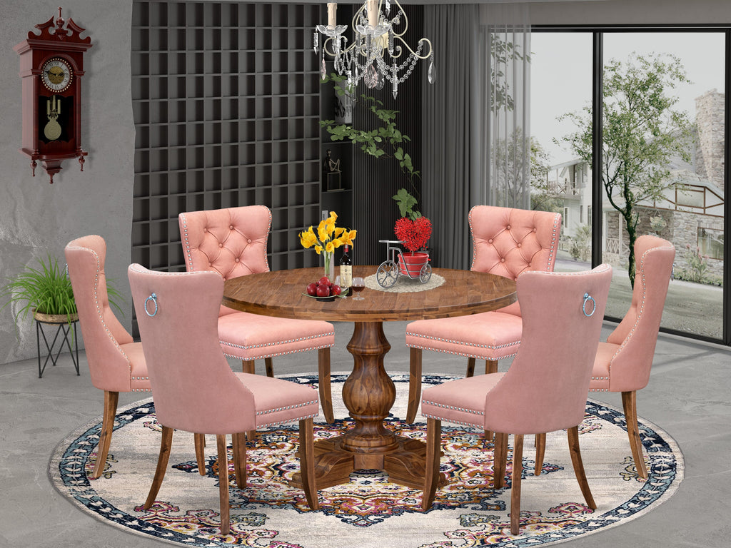 Luxe by East West Furniture I5DA7-40N-23 7-Pc Modern Dining Set Include a Table and 6 Beige Red Faux Leather Upholstered Dining Chairs with Button-Tufted Back, Antique Walnut