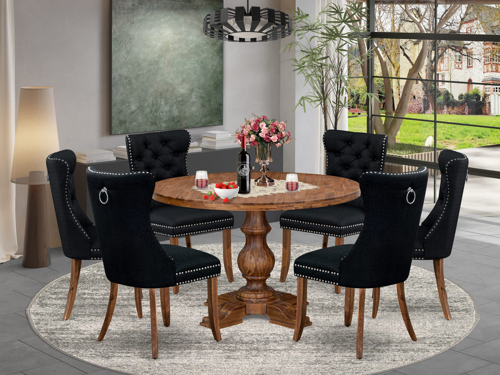 Luxe by East West Furniture I5DA7-40N-24 7-Piece Kitchen Table Set with Linen Fabric 6 Black Dining Room chairs, Button-Tufted Backs, and a 48"Round Table in Antique Walnut Finish.