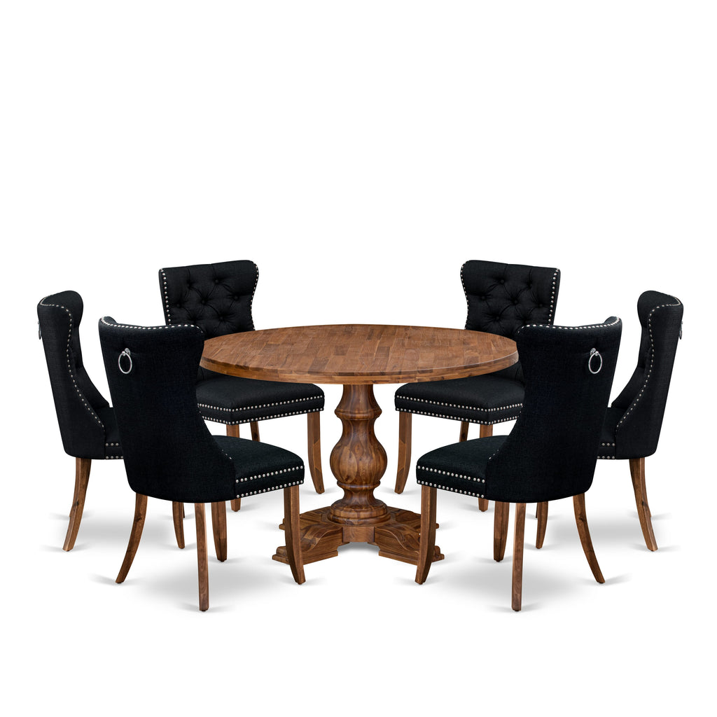 Luxe by East West Furniture I5DA7-40N-24 7-Piece Kitchen Table Set with Linen Fabric 6 Black Dining Room chairs, Button-Tufted Backs, and a 48"Round Table in Antique Walnut Finish.