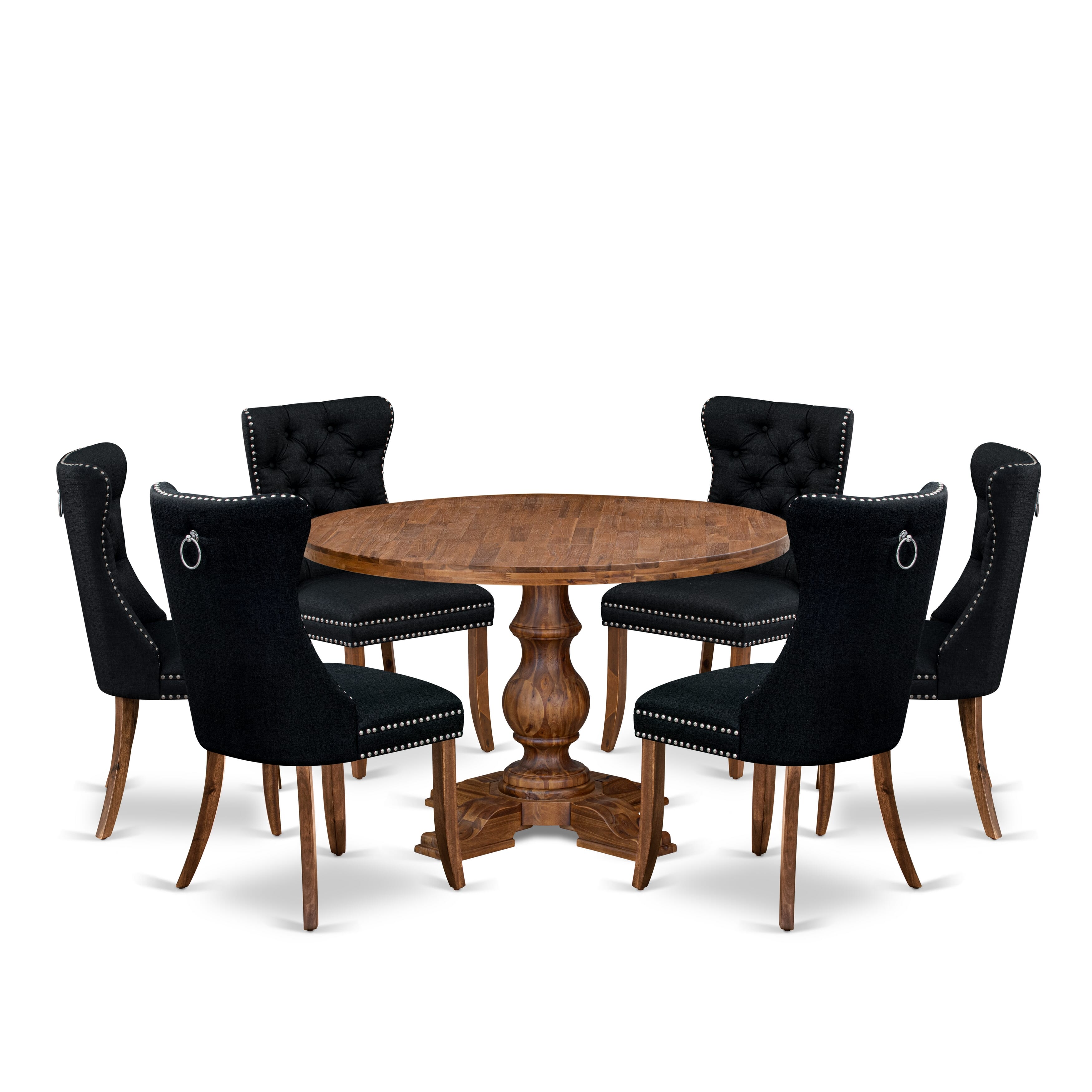 Luxe by East West Furniture I5DA7-40N-24 7-Piece Kitchen Table Set with Linen Fabric 6 Black Dining Room chairs, Button-Tufted Backs, and a 48"Round Table in Antique Walnut Finish.