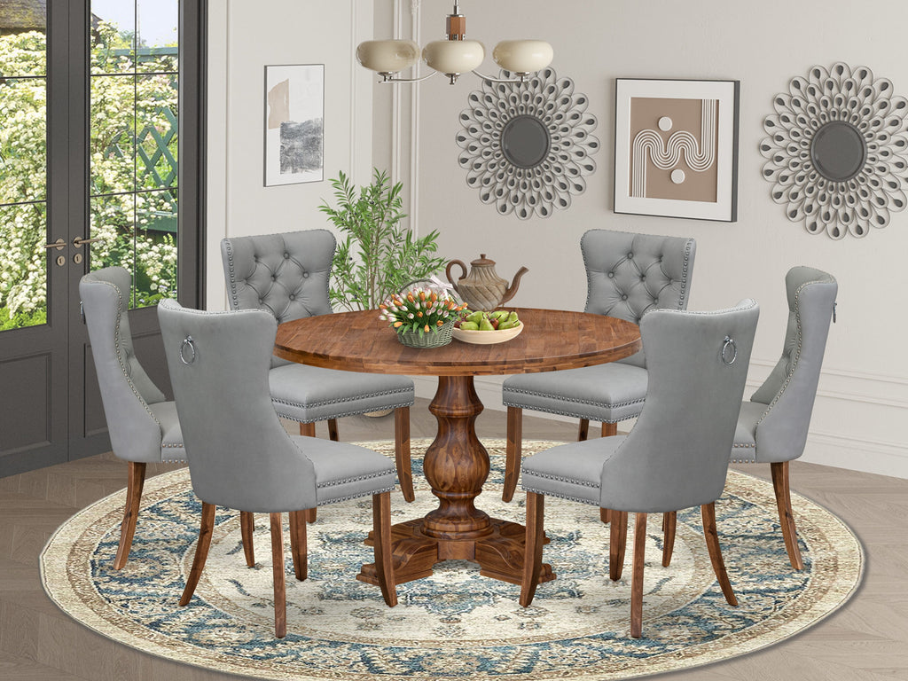 Luxe by East West Furniture I5DA7-40N-27 7-Pc Room Table Set Include a Modern Dining Table and 6 Light Gray Faux Leather Parson Chairs with Button-Tufted Back, Antique Walnut