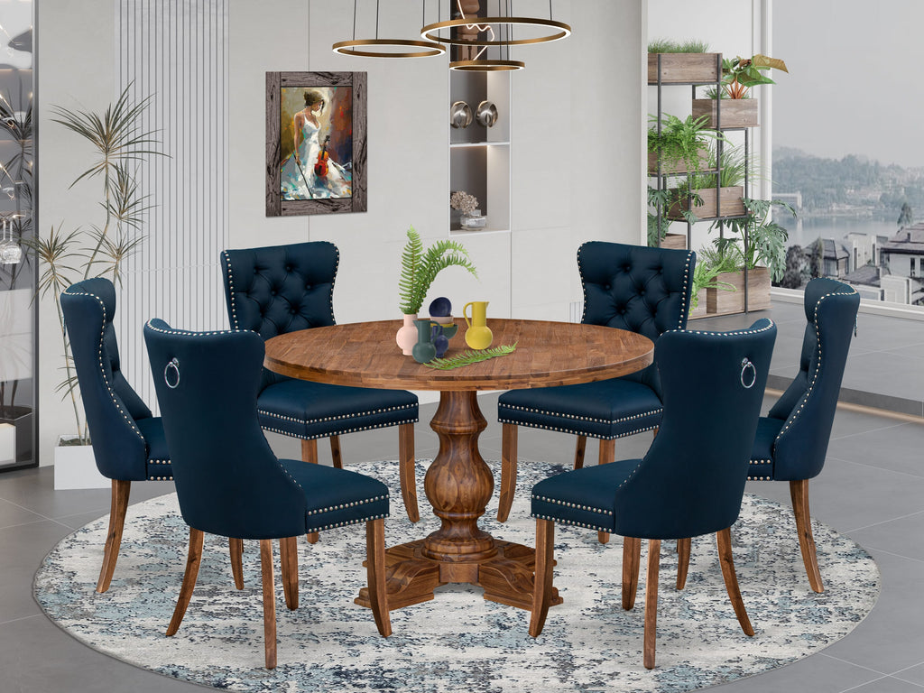 Luxe by East West Furniture I5DA7-40N-29 7-Piece Dining Table Set with Faux Leather 6 Navy Blue upholstered chairs, Button-Tufted Backs, and a 48"Round Table in Antique Walnut Finish.