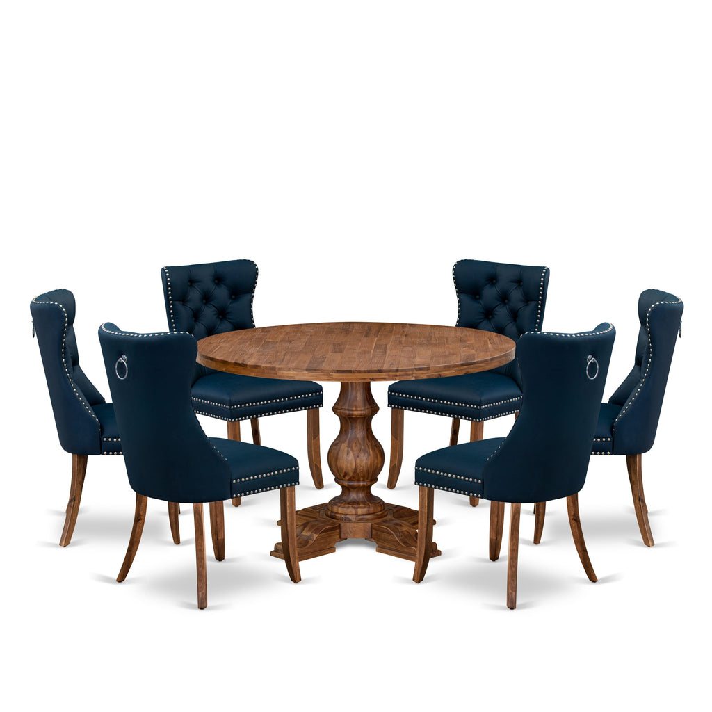 Luxe by East West Furniture I5DA7-40N-29 7-Piece Dining Table Set with Faux Leather 6 Navy Blue upholstered chairs, Button-Tufted Backs, and a 48"Round Table in Antique Walnut Finish.
