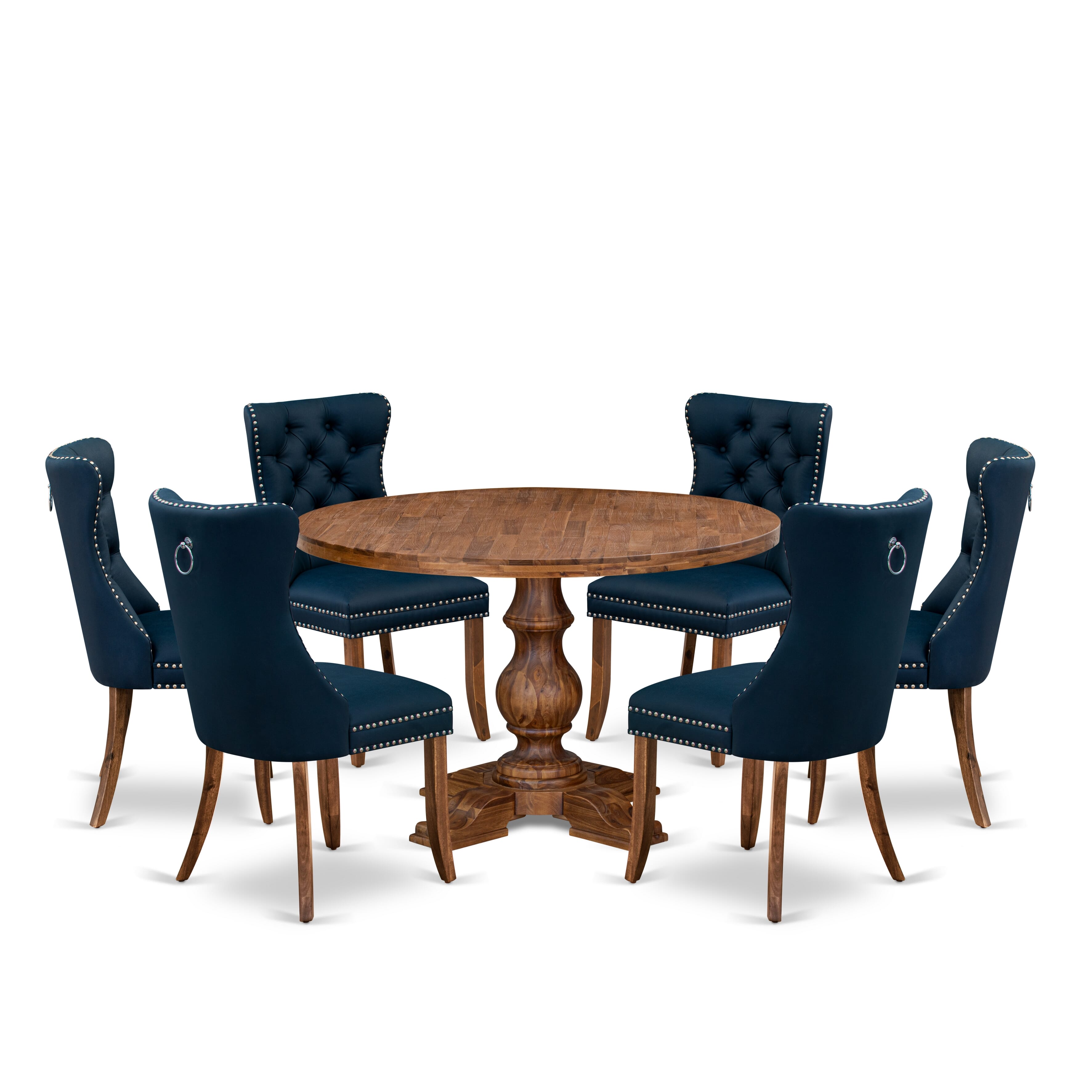 Luxe by East West Furniture I5DA7-40N-29 7-Piece Dining Table Set with Faux Leather 6 Navy Blue upholstered chairs, Button-Tufted Backs, and a 48"Round Table in Antique Walnut Finish.