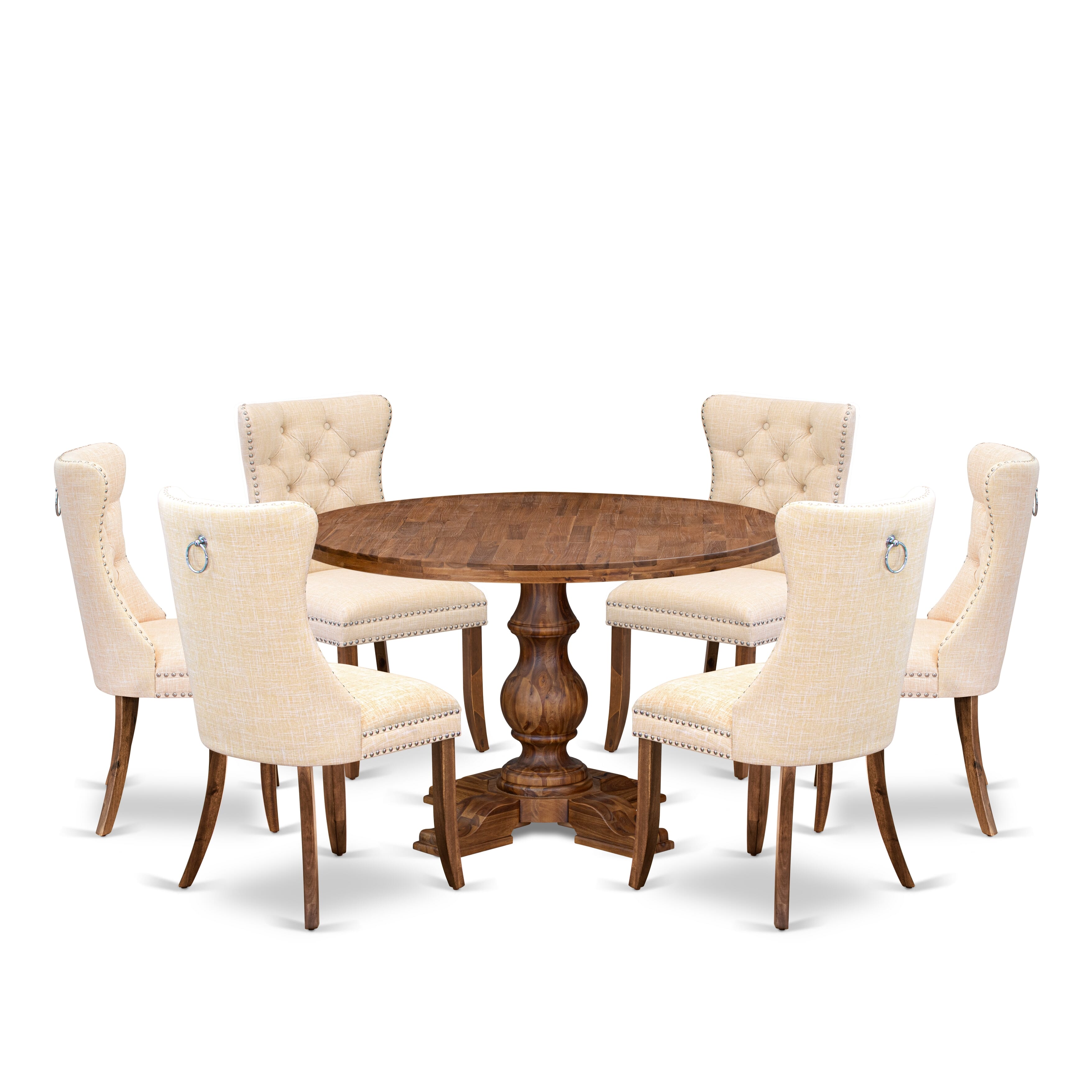 Luxe by East West Furniture I5DA7-40N-32 7-Piece Kitchen Table Set with Linen Fabric 6 Light Beige dining room chairs, Button-Tufted Backs, and a 48"Round Kitchen Table in Antique Walnut Finish.