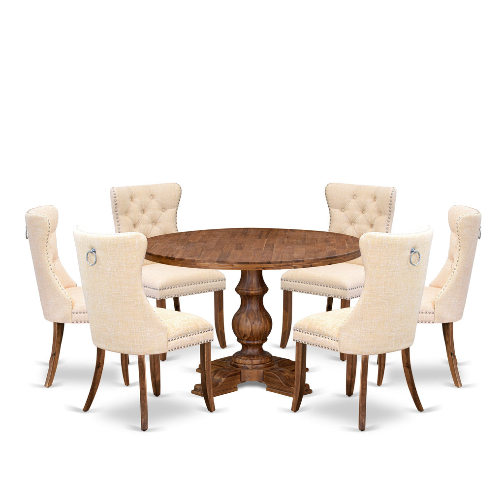 Luxe by East West Furniture I5DA7-40N-32 7-Piece Kitchen Table Set with Linen Fabric 6 Light Beige dining room chairs, Button-Tufted Backs, and a 48"Round Kitchen Table in Antique Walnut Finish.