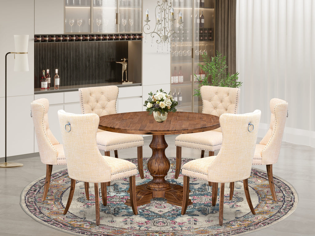 Luxe by East West Furniture I5DA7-40N-32 7-Piece Kitchen Table Set with Linen Fabric 6 Light Beige dining room chairs, Button-Tufted Backs, and a 48"Round Kitchen Table in Antique Walnut Finish.