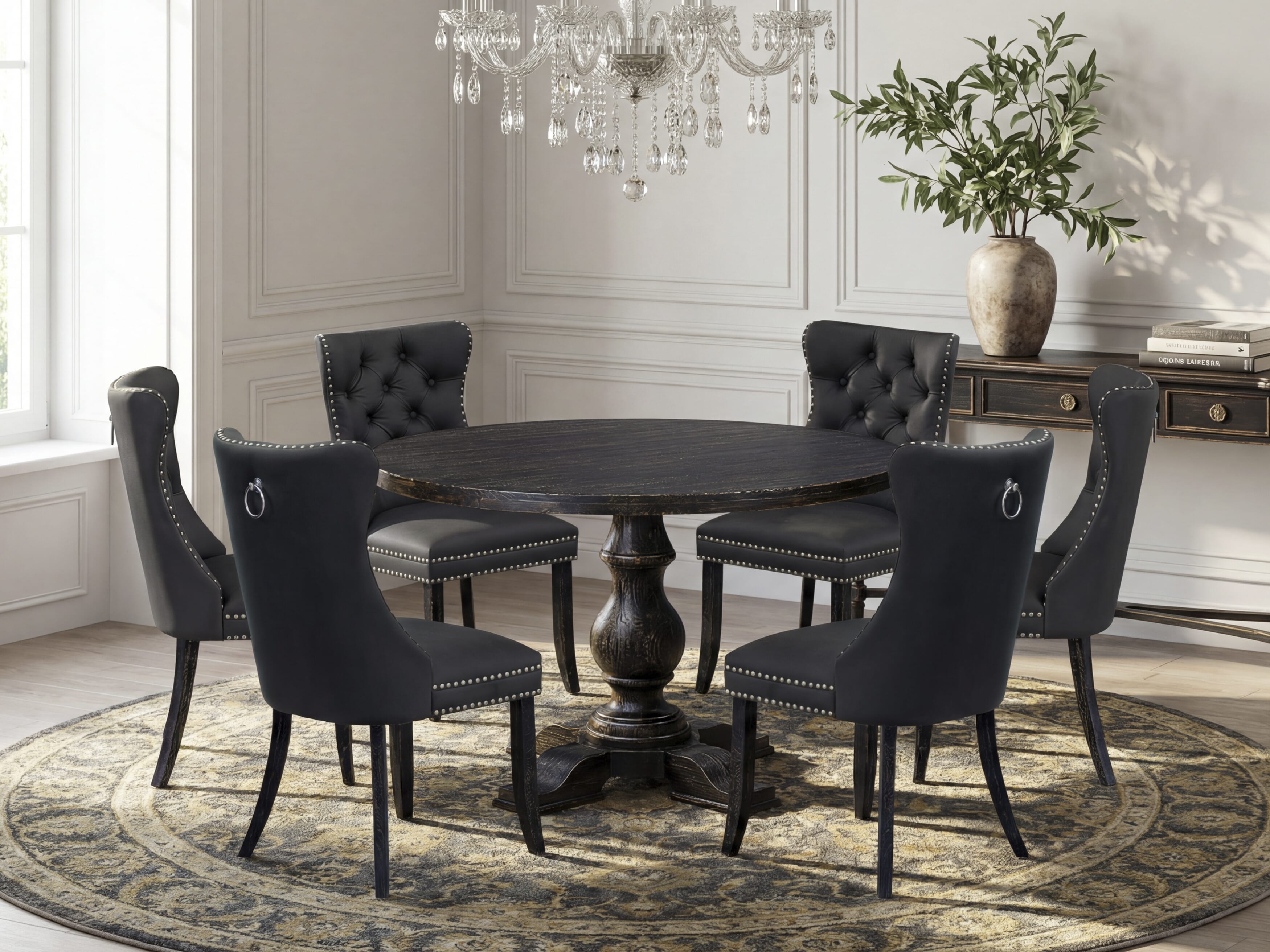 Luxe by East West Furniture I5DA7-411-12 7-Piece Dining Table Set with Faux Leather 6 Dark Gray parson kitchen chairs, Button-Tufted Backs, and a 48"Round Kitchen Table in Sand Blasted Black Finish.