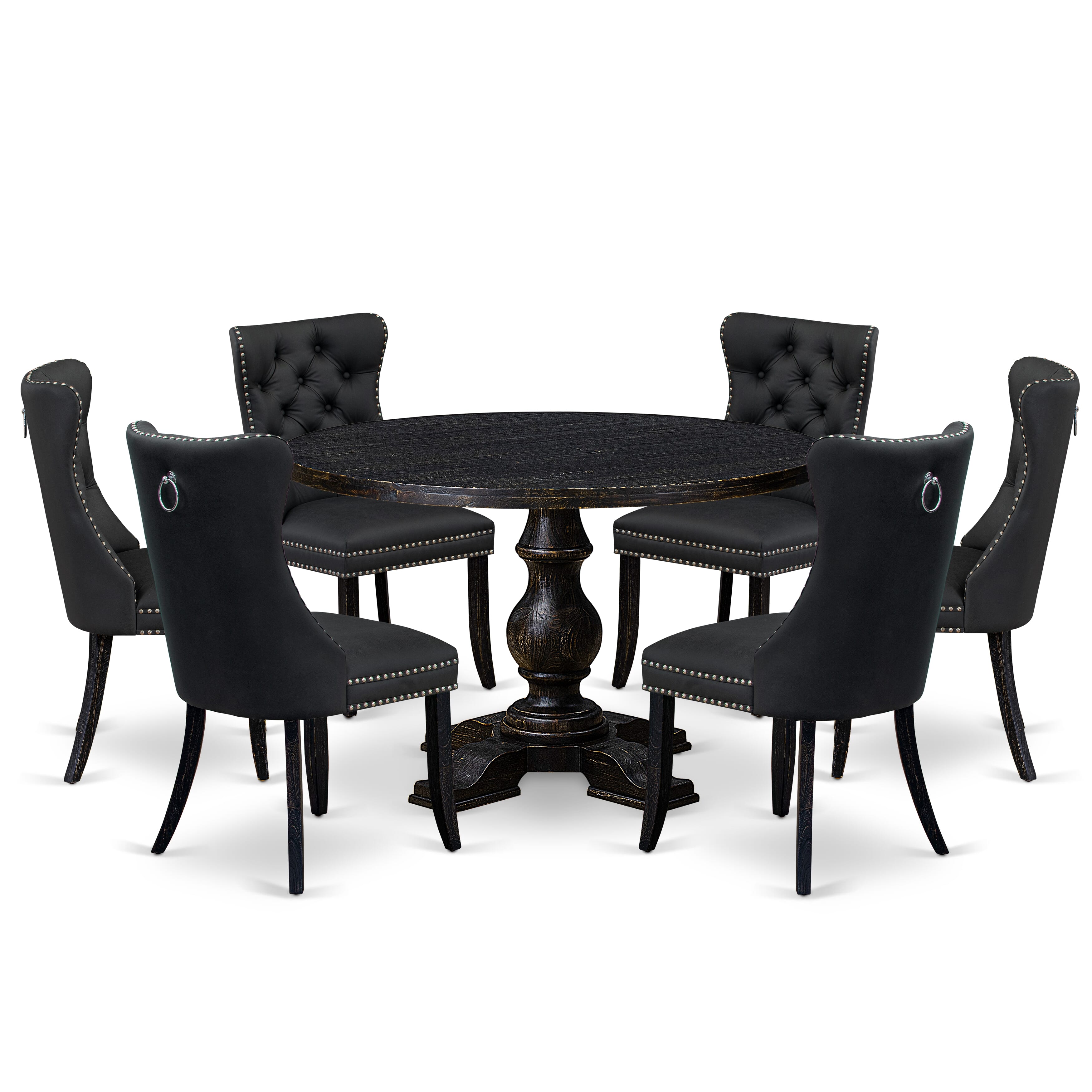Luxe by East West Furniture I5DA7-411-12 7-Piece Dining Table Set with Faux Leather 6 Dark Gray parson kitchen chairs, Button-Tufted Backs, and a 48"Round Kitchen Table in Sand Blasted Black Finish.