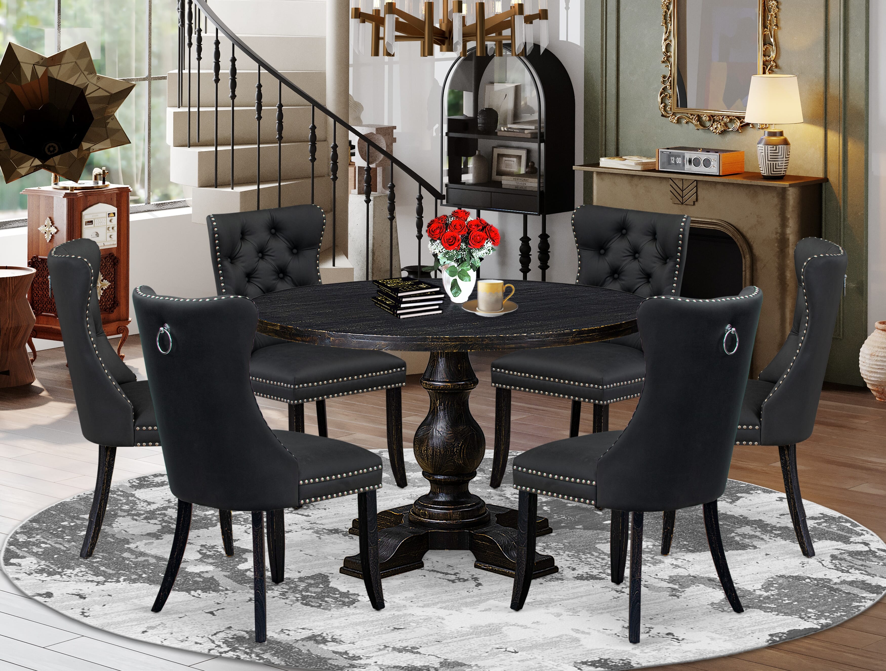 Luxe by East West Furniture I5DA7-411-12 7-Piece Dining Table Set with Faux Leather 6 Dark Gray parson kitchen chairs, Button-Tufted Backs, and a 48"Round Kitchen Table in Sand Blasted Black Finish.