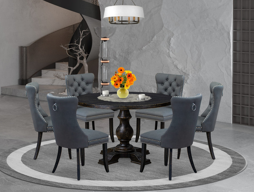Luxe by East West Furniture I5DA7-411-13 7-piece Mid Century Kitchen Set with Faux Leather 6 Platinum Gray kitchen chairs, Button-Tufted Backs, and a 48"Round Table in Sand Blasted Black Finish.