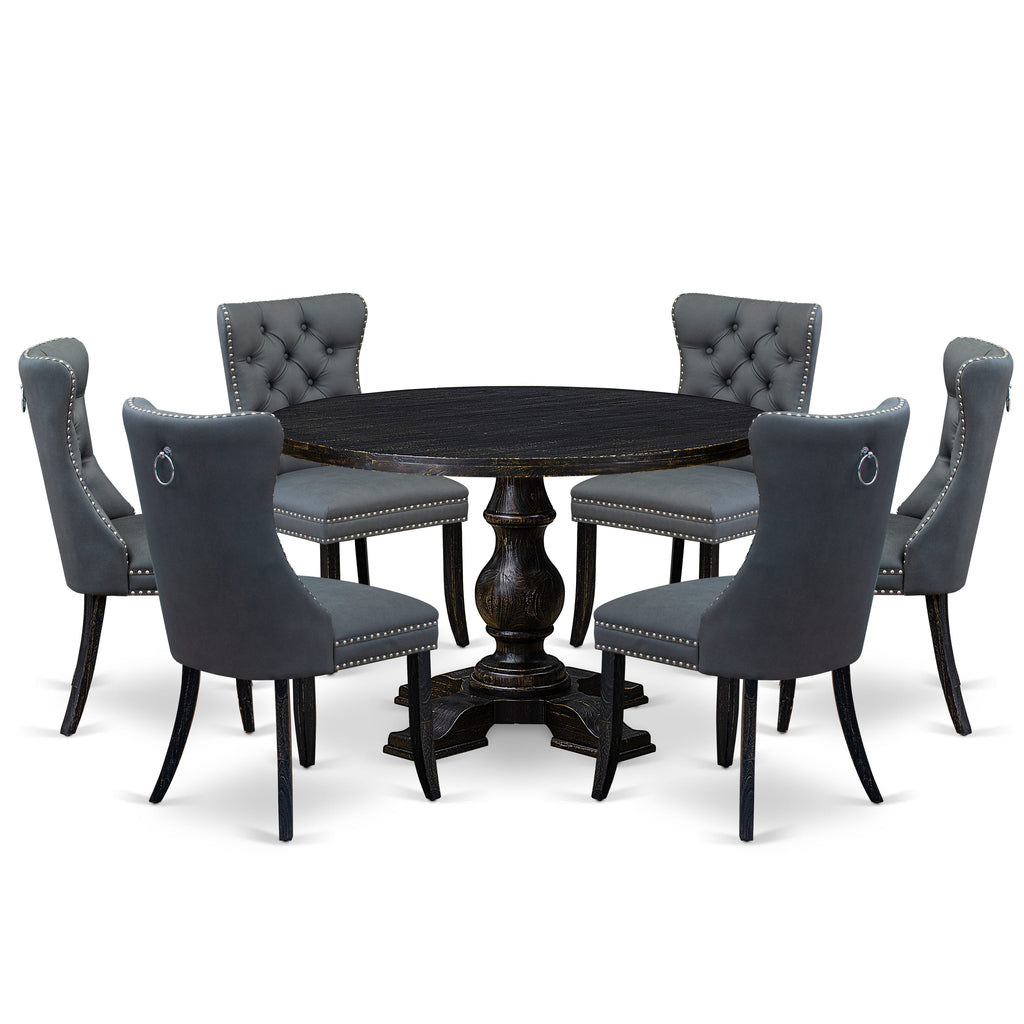 Luxe by East West Furniture I5DA7-411-13 7-piece Mid Century Kitchen Set with Faux Leather 6 Platinum Gray kitchen chairs, Button-Tufted Backs, and a 48"Round Table in Sand Blasted Black Finish.