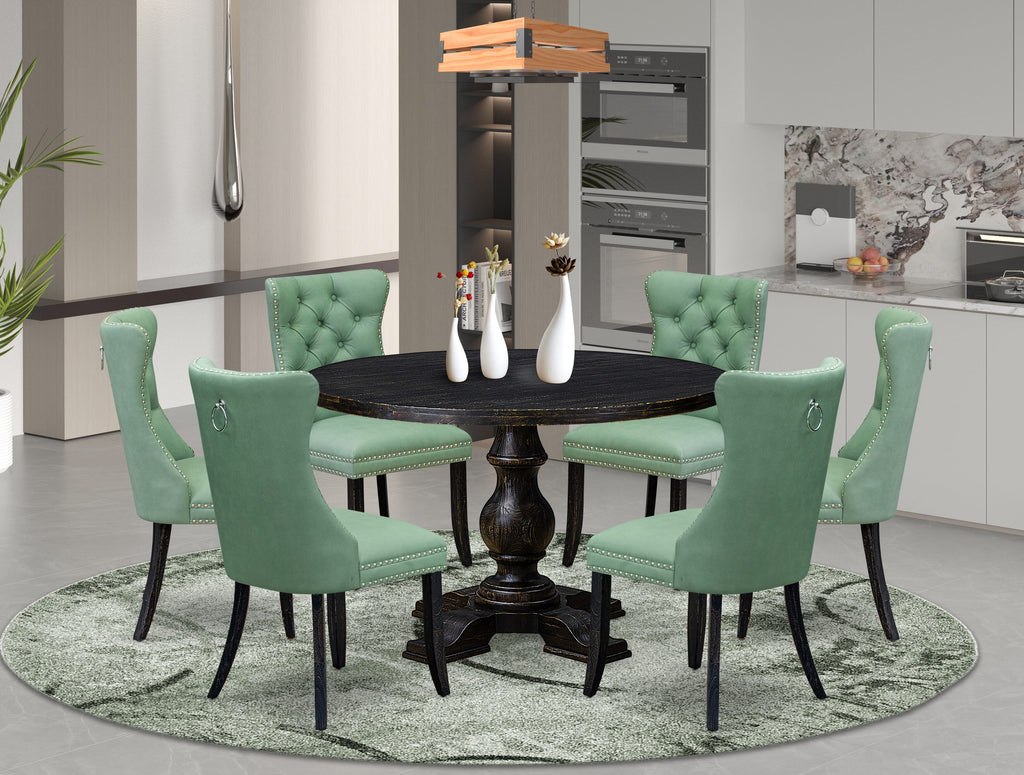 Luxe by East West Furniture I5DA7-411-22 7 Piece Dinette Set Contains a 48" Round Table with Pedestal and 6 Willow Green Faux Leather Upholstered Chairs, Sand Blasted Black