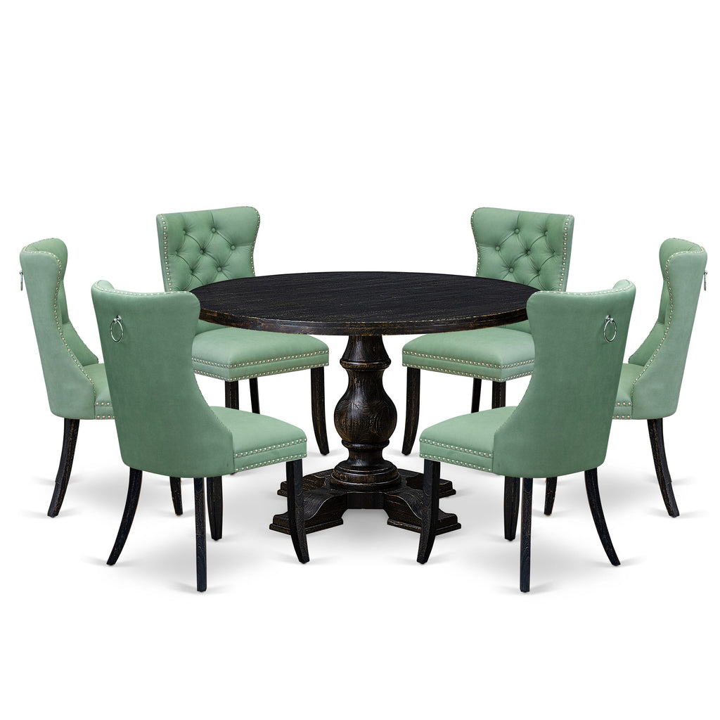 Luxe by East West Furniture I5DA7-411-22 7 Piece Dinette Set Contains a 48" Round Table with Pedestal and 6 Willow Green Faux Leather Upholstered Chairs, Sand Blasted Black
