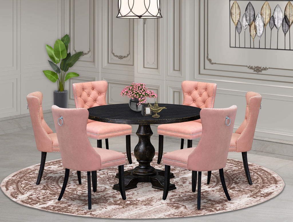 Luxe by East West Furniture I5DA7-411-23 7 Piece Dining Set Contains a 48" Round Kitchen Table with Pedestal and 6 Beige Red Faux Leather Parson Chairs, Sand Blasted Black