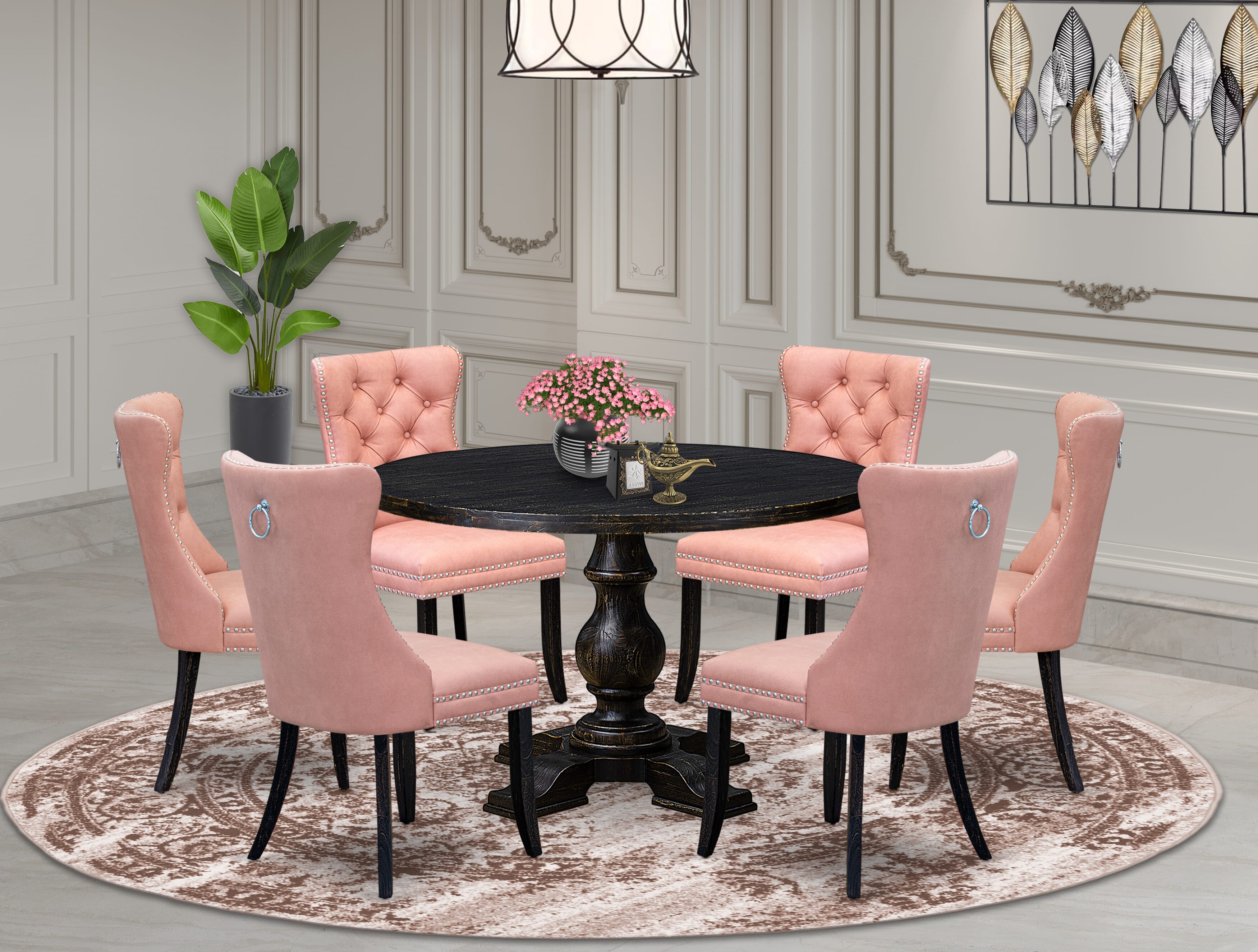Luxe by East West Furniture I5DA7-411-23 7 Piece Dining Set Contains a 48" Round Kitchen Table with Pedestal and 6 Beige Red Faux Leather Parson Chairs, Sand Blasted Black