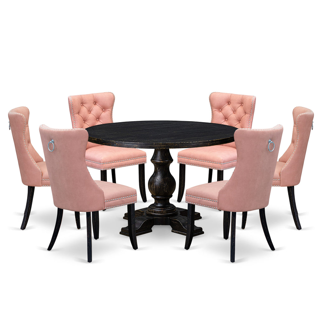 Luxe by East West Furniture I5DA7-411-23 7 Piece Dining Set Contains a 48" Round Kitchen Table with Pedestal and 6 Beige Red Faux Leather Parson Chairs, Sand Blasted Black