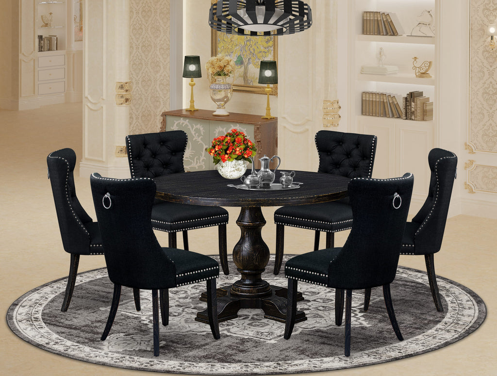 Luxe by East West Furniture I5DA7-411-24 7-piece Dining Table Set consists of a wood table and 6 Black Linen Fabric dining chairs with Button Tufted Back - Sand Blasted Black
