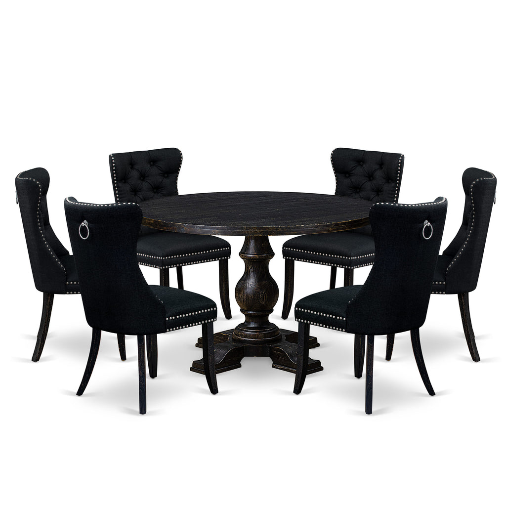 Luxe by East West Furniture I5DA7-411-24 7-piece Dining Table Set consists of a wood table and 6 Black Linen Fabric dining chairs with Button Tufted Back - Sand Blasted Black