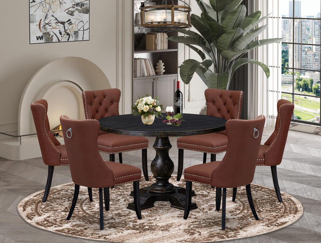 Luxe by East West Furniture I5DA7-411-26 7 Piece Dining Table Set Contains a 48" Round Table with Pedestal and 6 Burgandy Faux Leather Upholstered Chairs, Sand Blasted Black