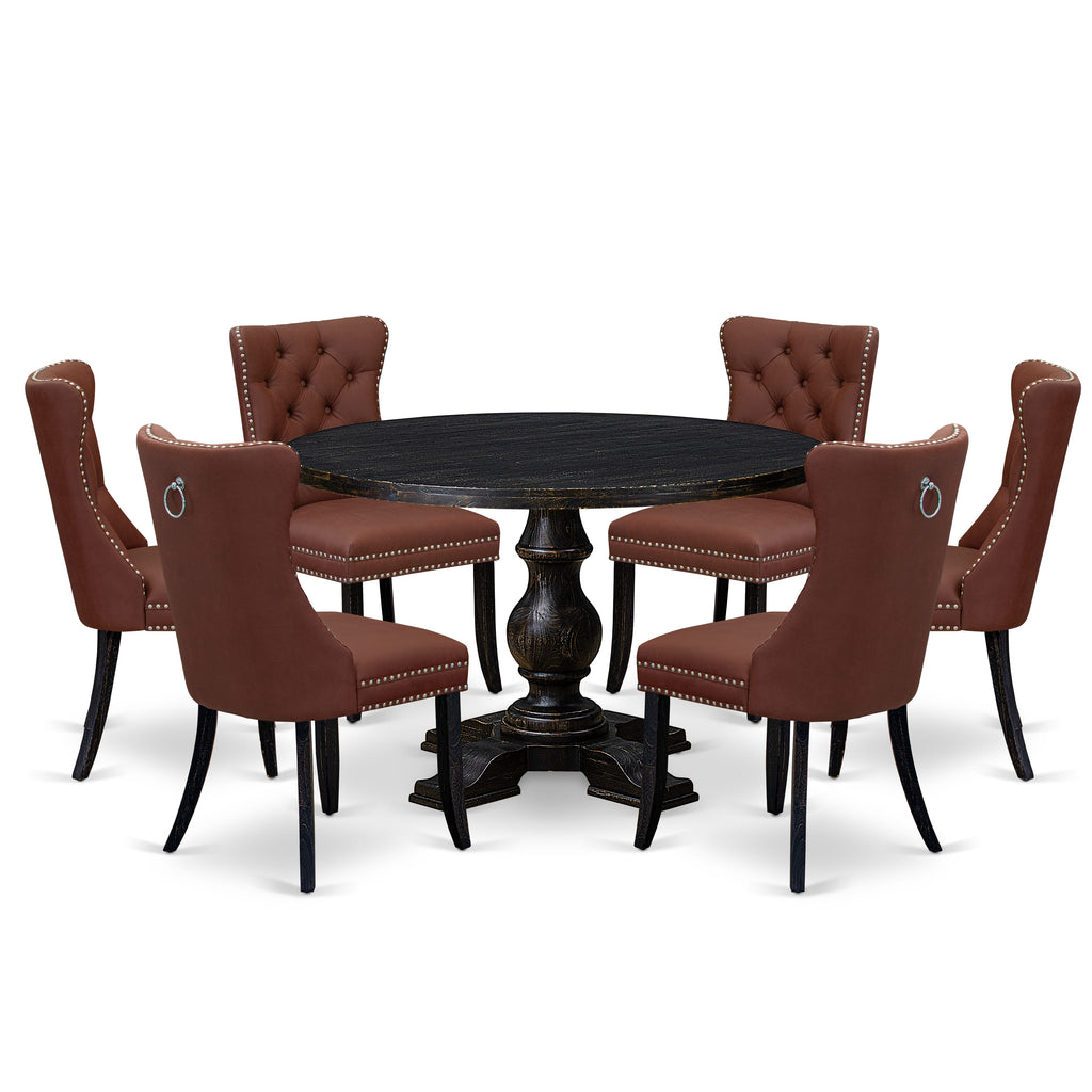 Luxe by East West Furniture I5DA7-411-26 7 Piece Dining Table Set Contains a 48" Round Table with Pedestal and 6 Burgandy Faux Leather Upholstered Chairs, Sand Blasted Black