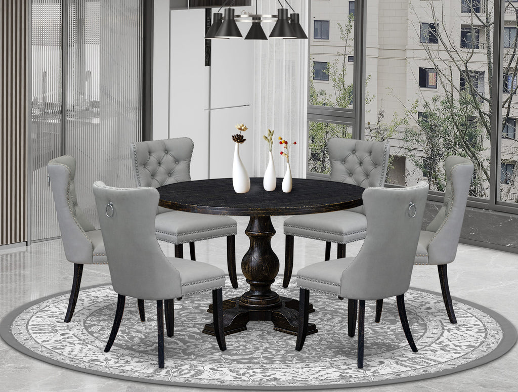 Luxe by East West Furniture I5DA7-411-27 7 Piece Dining Table Set Contains a 48" Round Table with Pedestal and 6 Light Gray Faux Leather Upholstered Chairs, Sand Blasted Black