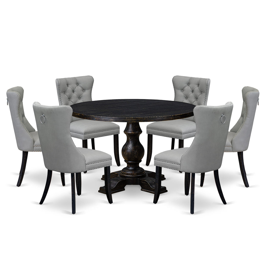 Luxe by East West Furniture I5DA7-411-27 7 Piece Dining Table Set Contains a 48" Round Table with Pedestal and 6 Light Gray Faux Leather Upholstered Chairs, Sand Blasted Black