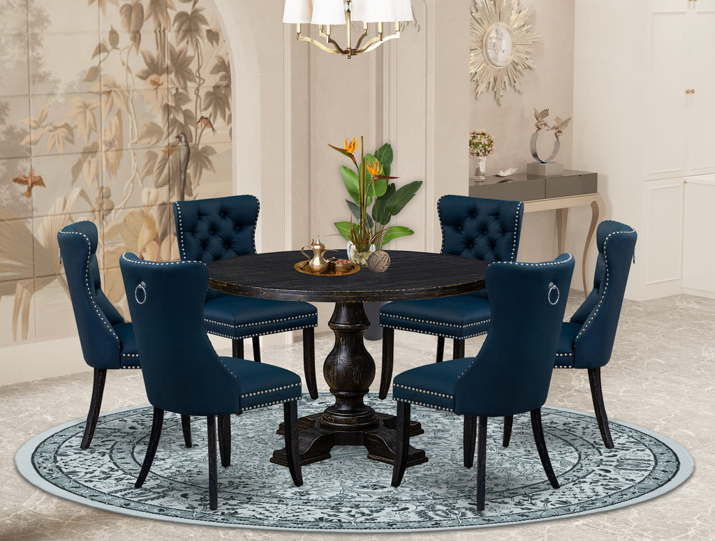 Luxe by East West Furniture I5DA7-411-29 7 Piece Dining Table Set Contains a 48" Round Table with Pedestal and 6 Navy Blue Faux Leather Upholstered Chairs, Sand Blasted Black