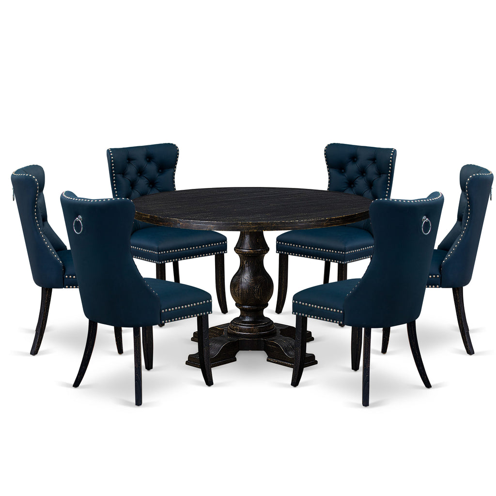 Luxe by East West Furniture I5DA7-411-29 7 Piece Dining Table Set Contains a 48" Round Table with Pedestal and 6 Navy Blue Faux Leather Upholstered Chairs, Sand Blasted Black