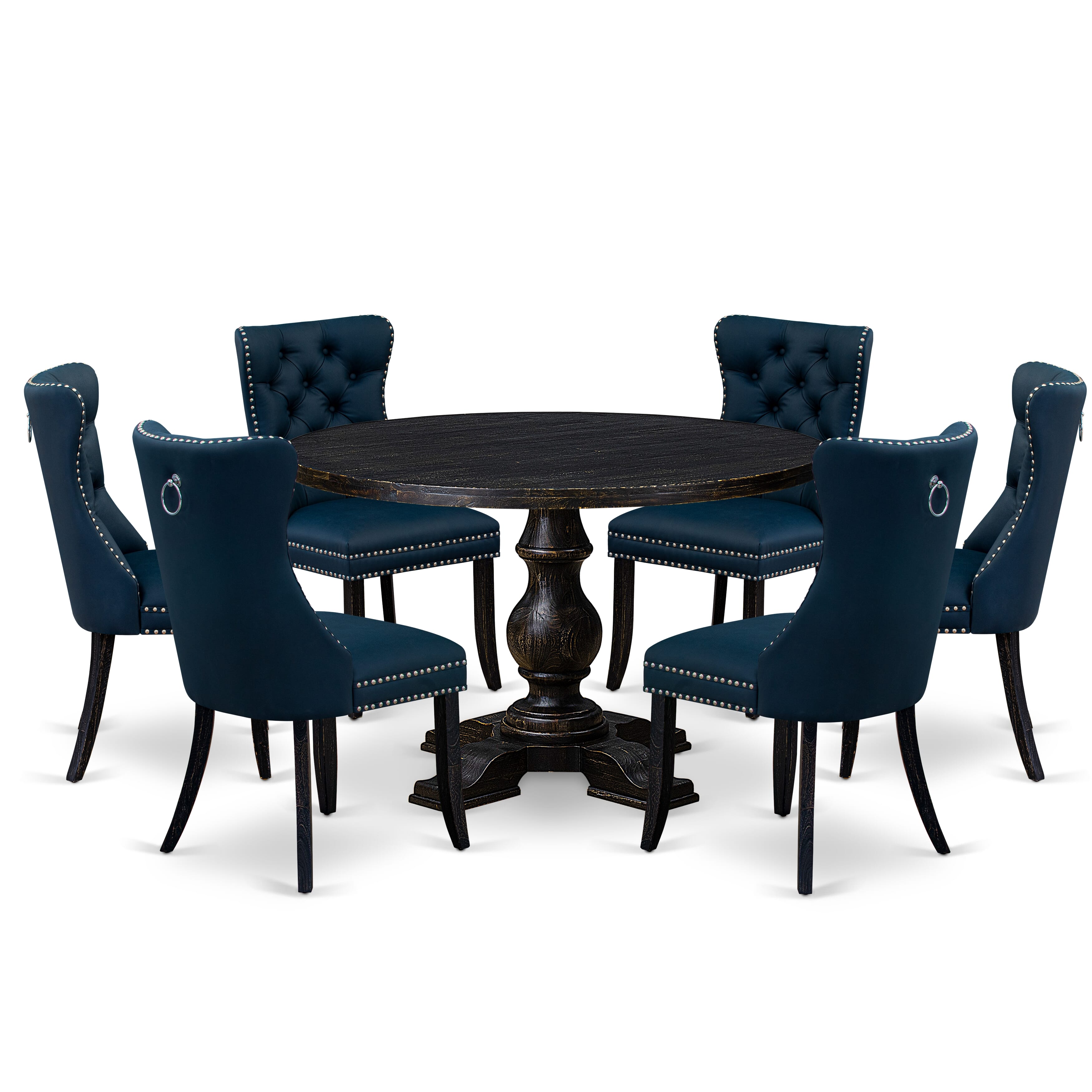 Luxe by East West Furniture I5DA7-411-29 7 Piece Dining Table Set Contains a 48" Round Table with Pedestal and 6 Navy Blue Faux Leather Upholstered Chairs, Sand Blasted Black