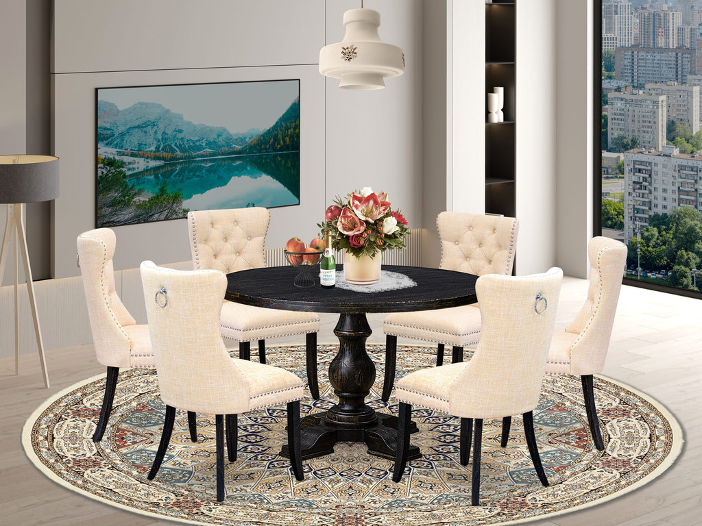 Luxe by East West Furniture I5DA7-411-32 7-piece dinette set included a modern table and 6 Light Beige Linen Fabric dining chair with Button Tufted Back - Sand Blasted Black