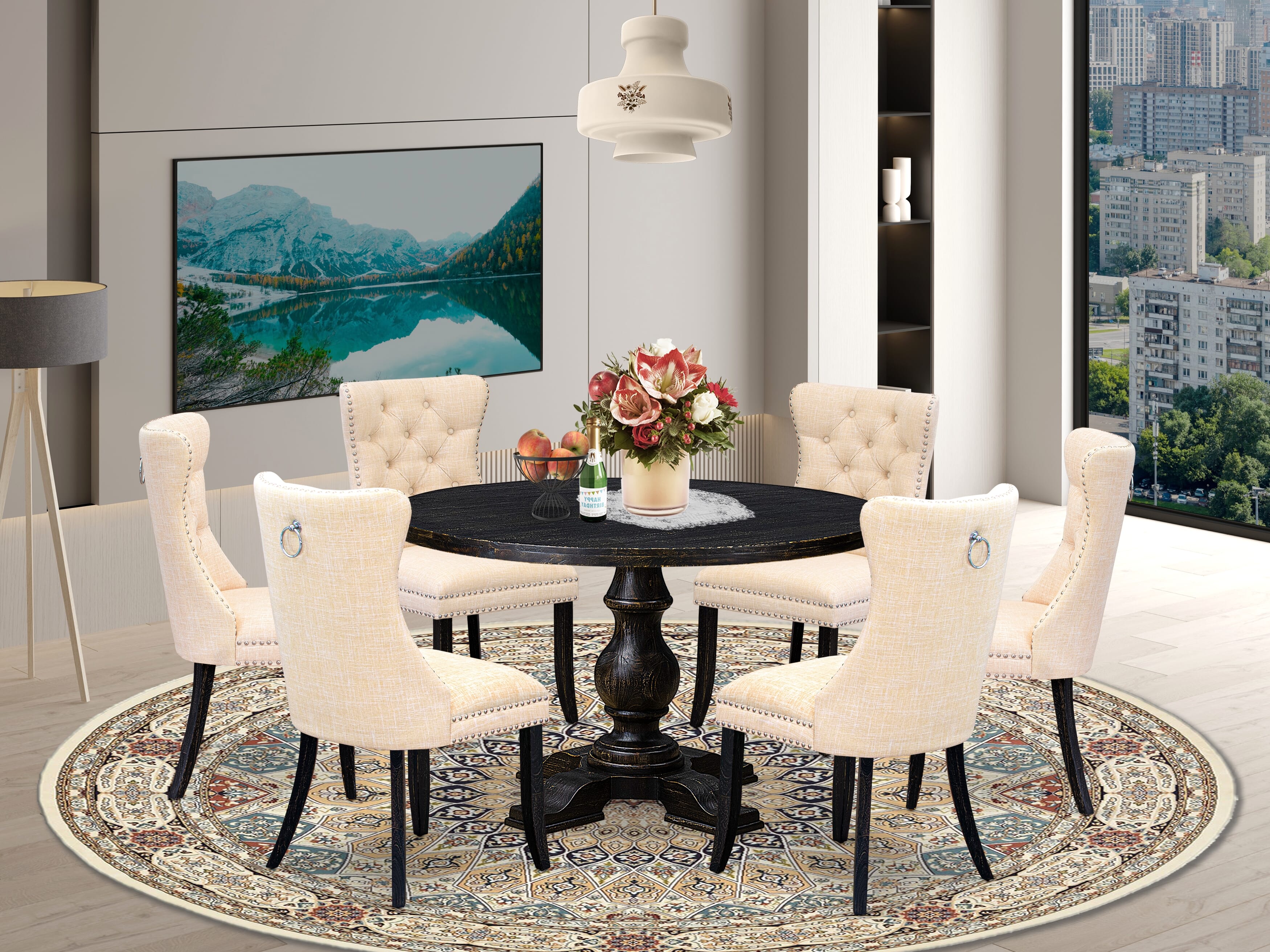 Luxe by East West Furniture I5DA7-411-32 7-piece dinette set included a modern table and 6 Light Beige Linen Fabric dining chair with Button Tufted Back - Sand Blasted Black