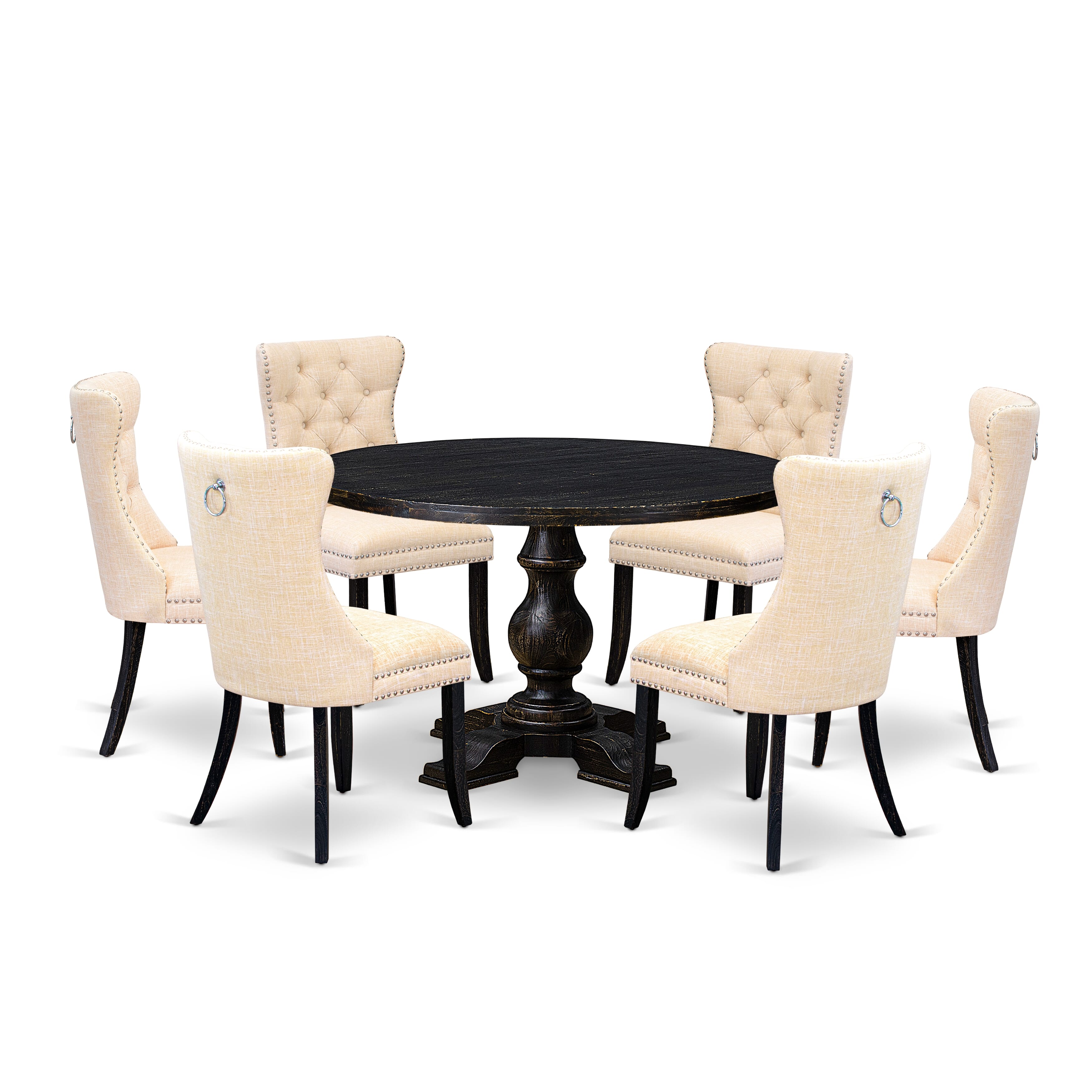 Luxe by East West Furniture I5DA7-411-32 7-piece dinette set included a modern table and 6 Light Beige Linen Fabric dining chair with Button Tufted Back - Sand Blasted Black