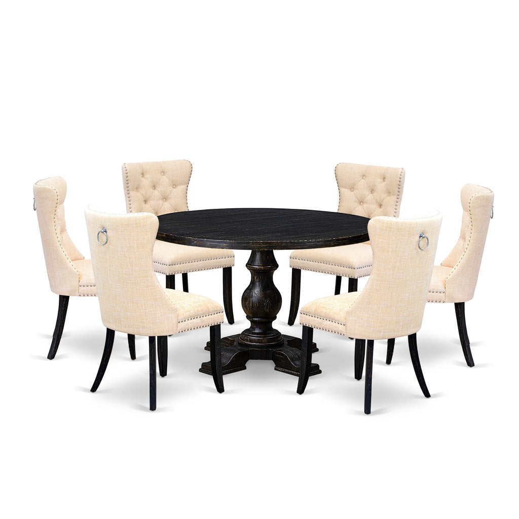 Luxe by East West Furniture I5DA7-411-32 7-piece dinette set included a modern table and 6 Light Beige Linen Fabric dining chair with Button Tufted Back - Sand Blasted Black