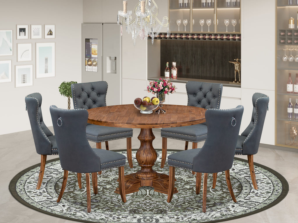 Luxe by East West Furniture I5DA7-50N-13 7-piece Kitchen table set consists of a Dining Table and 6 Platinum Gray Faux Leather Dining Room Chairs with Button Tufted Back - Antique Walnut Finish