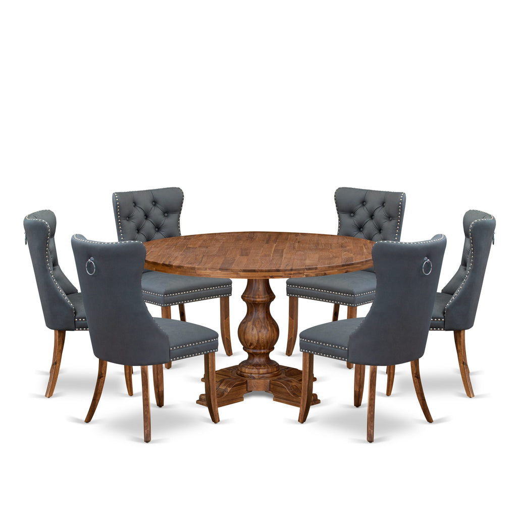 Luxe by East West Furniture I5DA7-50N-13 7-piece Kitchen table set consists of a Dining Table and 6 Platinum Gray Faux Leather Dining Room Chairs with Button Tufted Back - Antique Walnut Finish